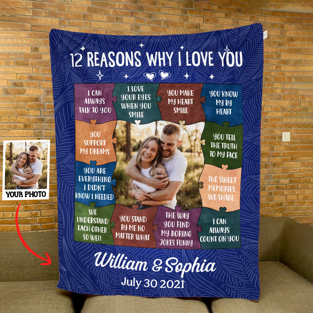 Custom Photo 12 Reasons Why I Love You - Birthday, Anniversary Gift For Spouse, Husband, Wife, Couple Personalized Blanket