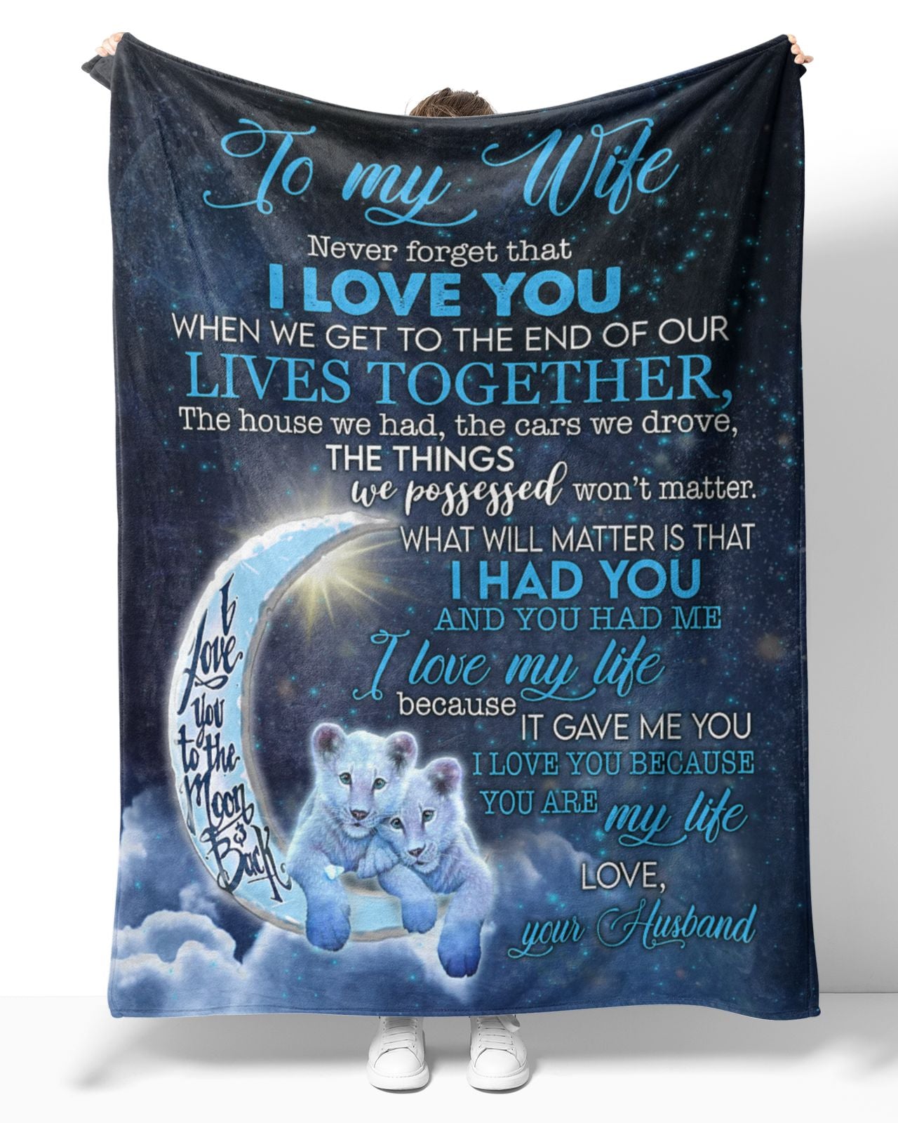 Never Forget That I Love You Couple Lion On Moon Custom Blanket Gift For Wife