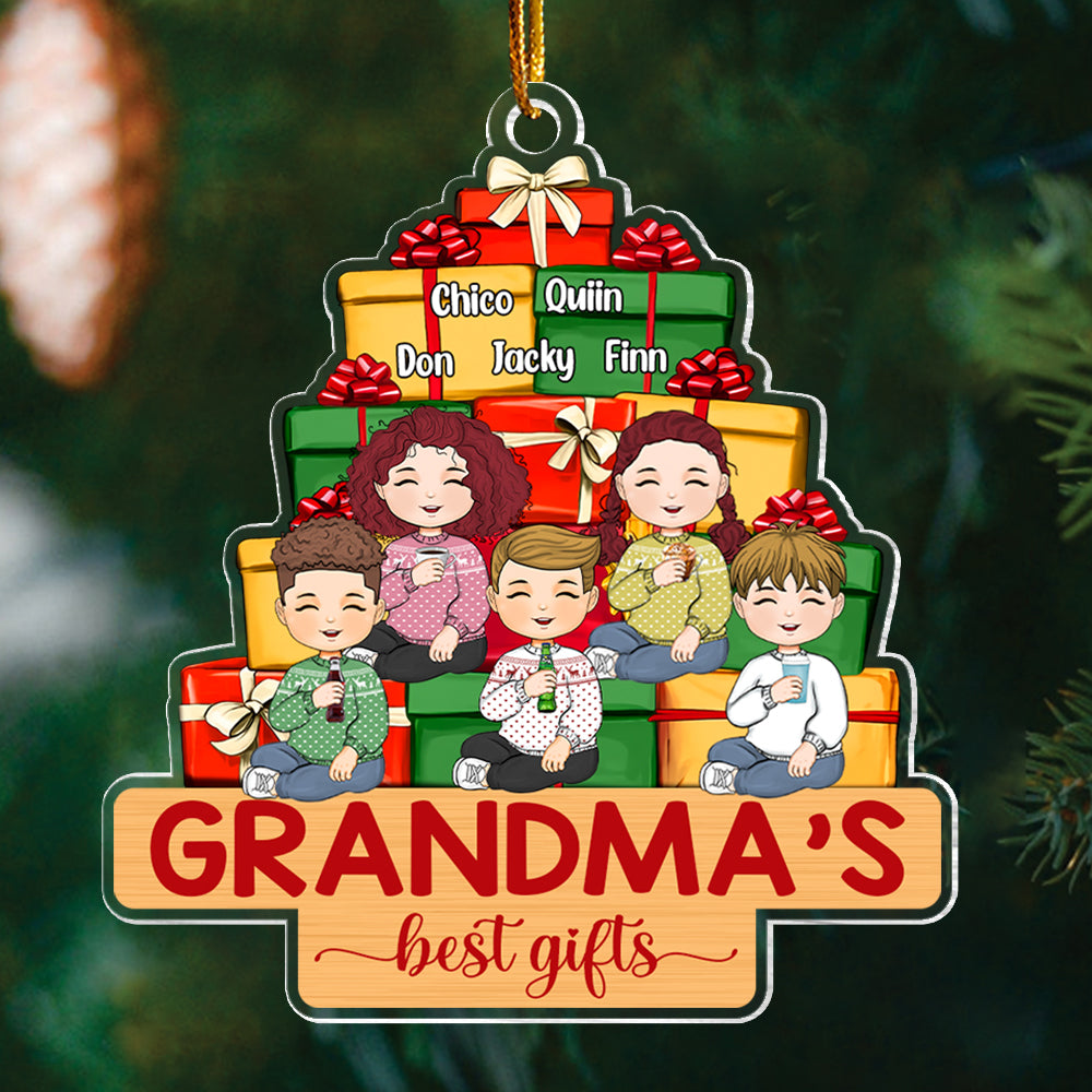 Grandkids Sitting Front Christmas Gift Pile Personalized Acrylic Ornament