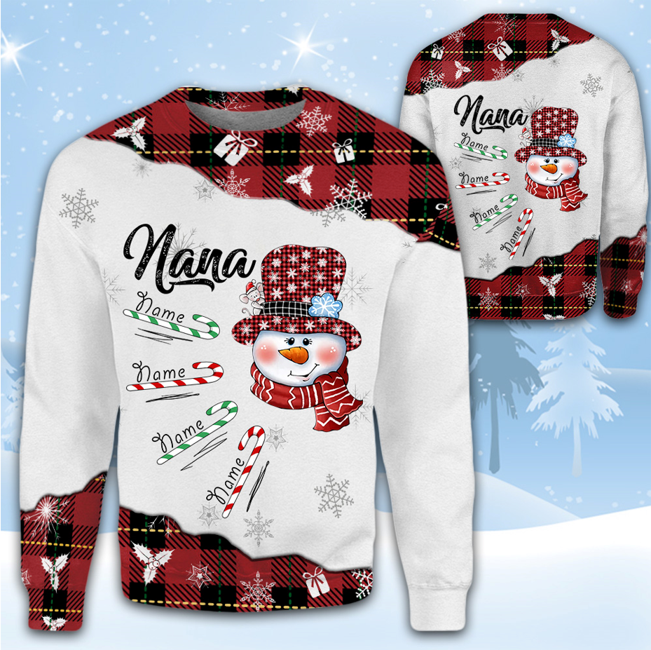 Personalized Grandma Snowman Christmas Shirt Custom With Grandkids All Over Print Shirt For Grandma Nana Gigi