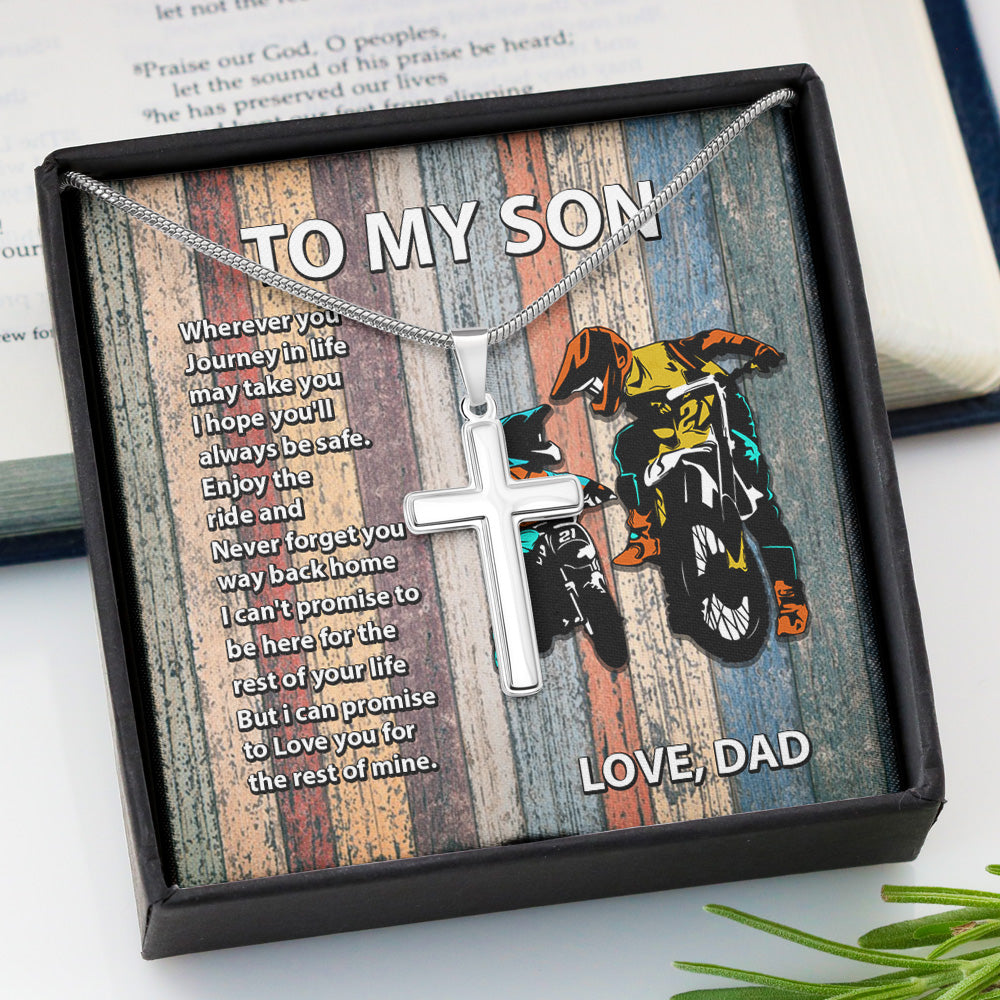 Personalized To My Son Cross Necklace Gift From Dad, Dad To Son Necklace, Son Motocross Wherever Your Journey In Life May Take You