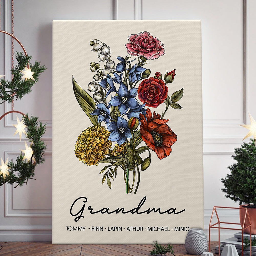 Custom Birth Flower Family Bouquet Canvas Gift For Mom Grandma, Personalized Handmade Birth Month Flower Art, Personalized Gift For Women
