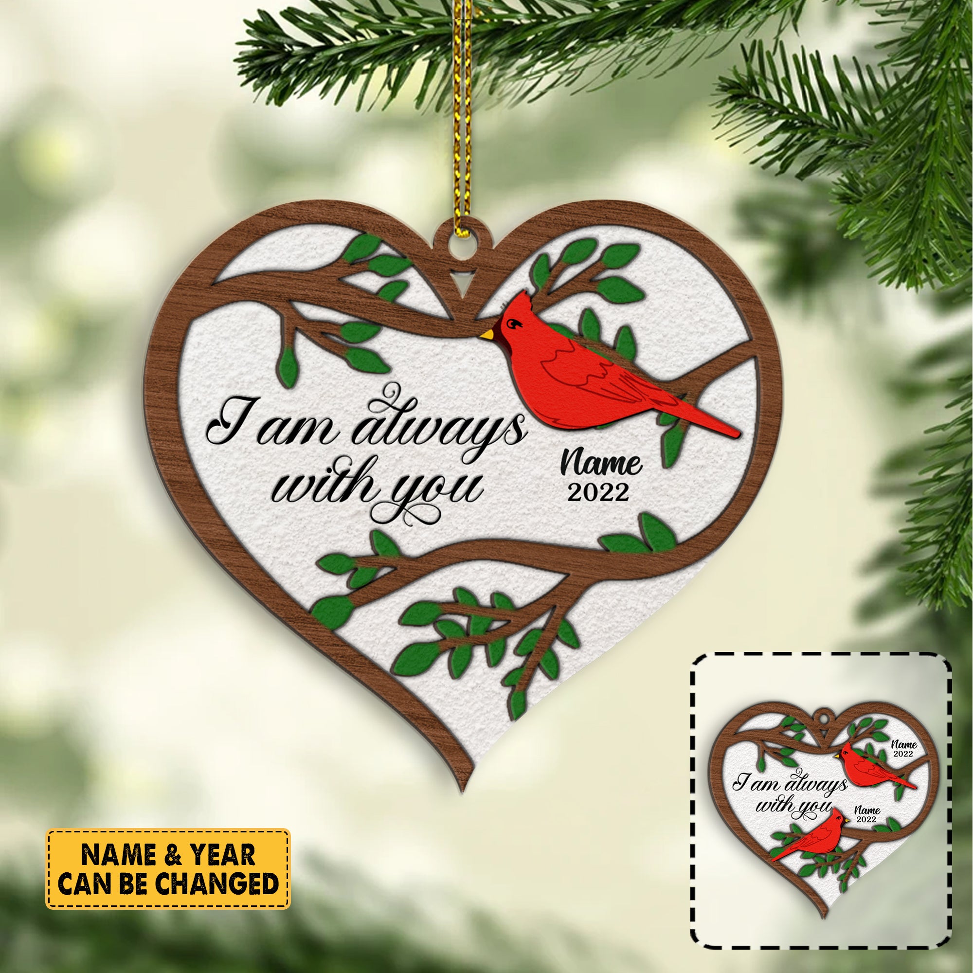Personalized I Am Always With You Cardinal Heart Christmas Memorial Ornament