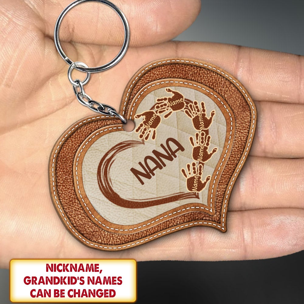 Personalized Nana Handprints Heart Acrylic Keychain Nana With Grandkids Name Leather Acrylic Keychain