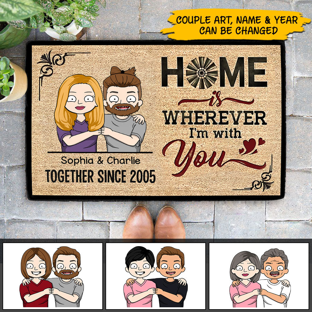 Home Is Wherever I’m With You, Personalized Doormat For Couples
