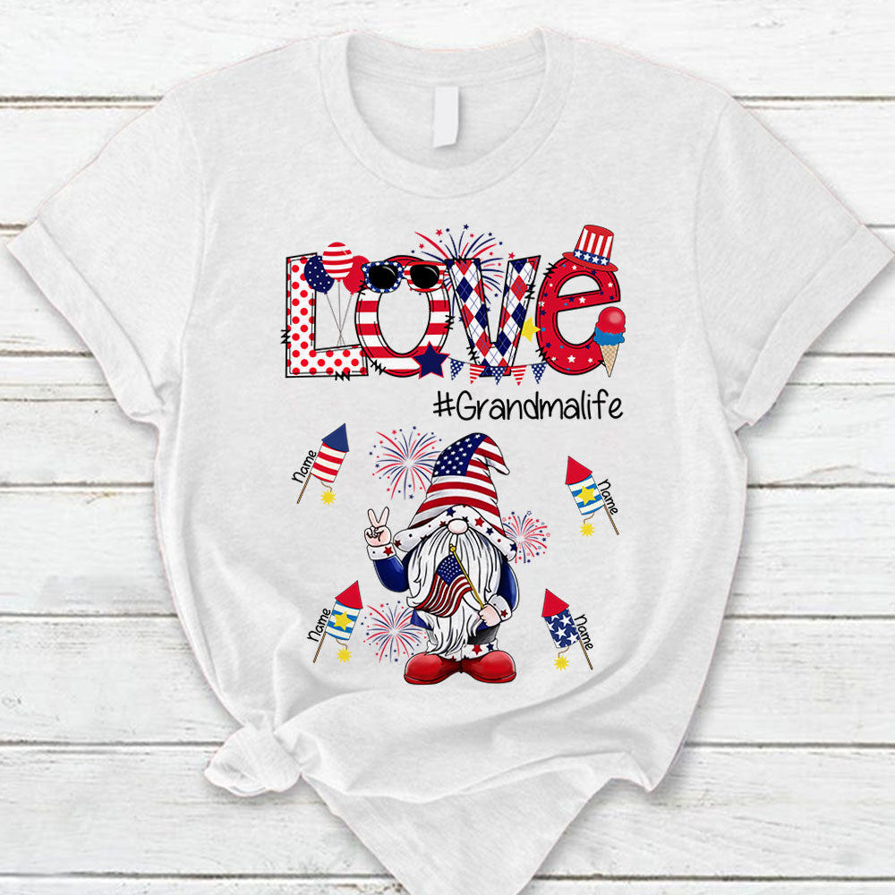 Personalized Love Grandmalife, Gnomes With Little Firecracker, 4Th Of July Shirt For Grandma