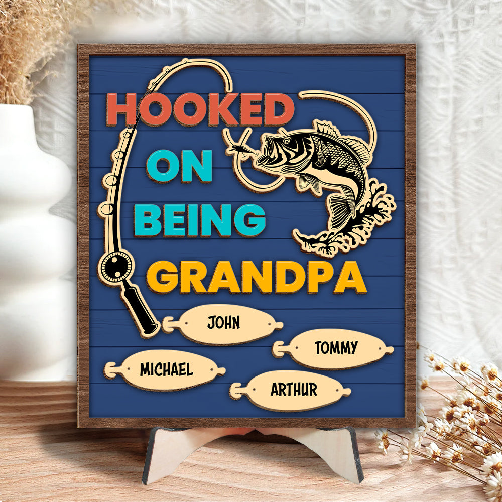 Hooked On Being Grandpa Fishing Personalized 2-Layer Wooden Plaque