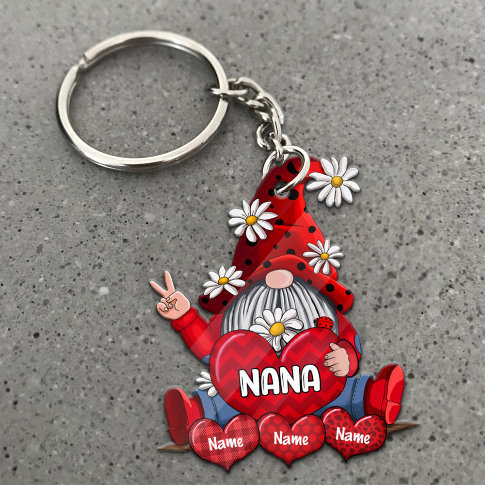 Personalized Gnomes With Hearts Personalized Flat Acrylic Keychain, 2 Sides Are The Same For Grandma