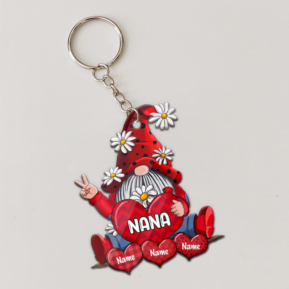 Personalized Gnomes With Hearts Personalized Flat Acrylic Keychain, 2 Sides Are The Same For Grandma