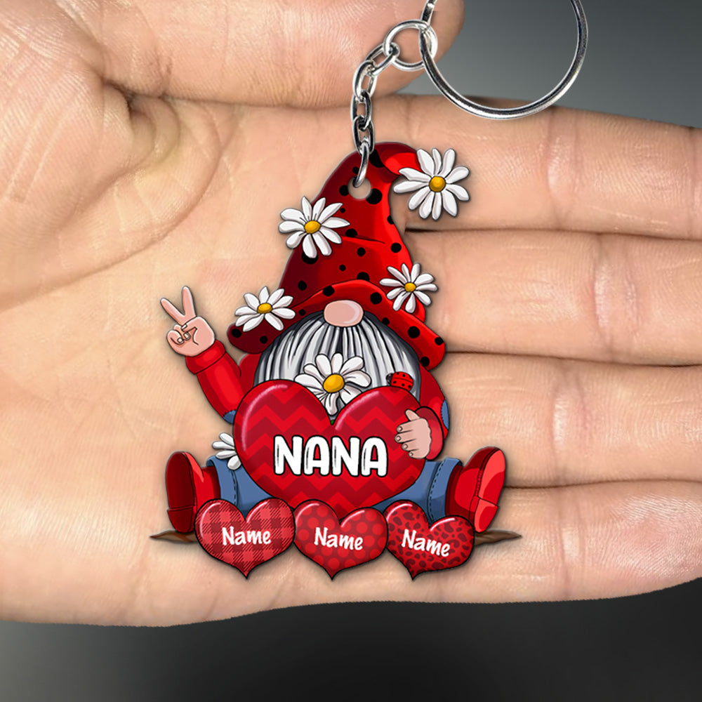 Personalized Gnomes With Hearts Personalized Flat Acrylic Keychain, 2 Sides Are The Same For Grandma