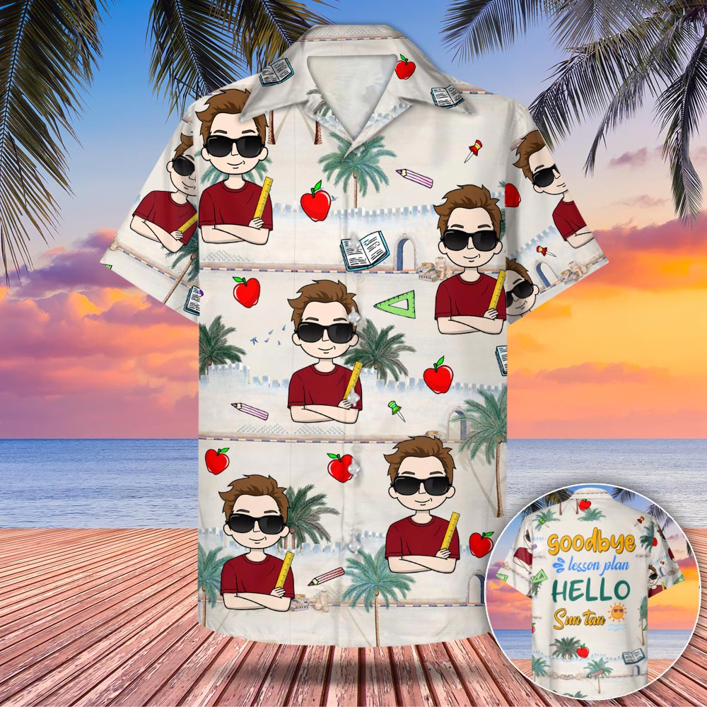 Personalized Goodbye Lesson Plan Hello Sun Tan Tropical Pattern Hawaiian Shirts For Teacher Ht95