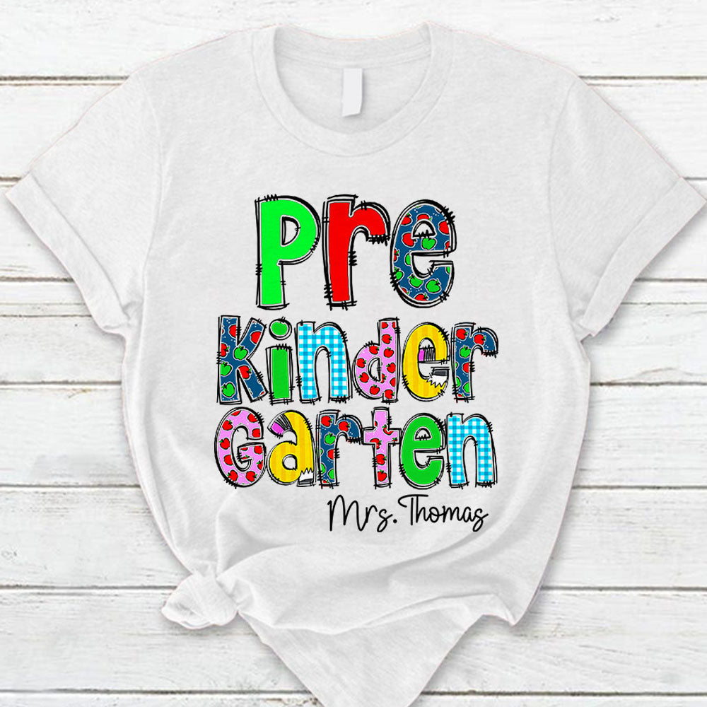 Personalized Pre Kinder Garten Level And Title Shirt Cute Apple Pattern For Teacher Hk10