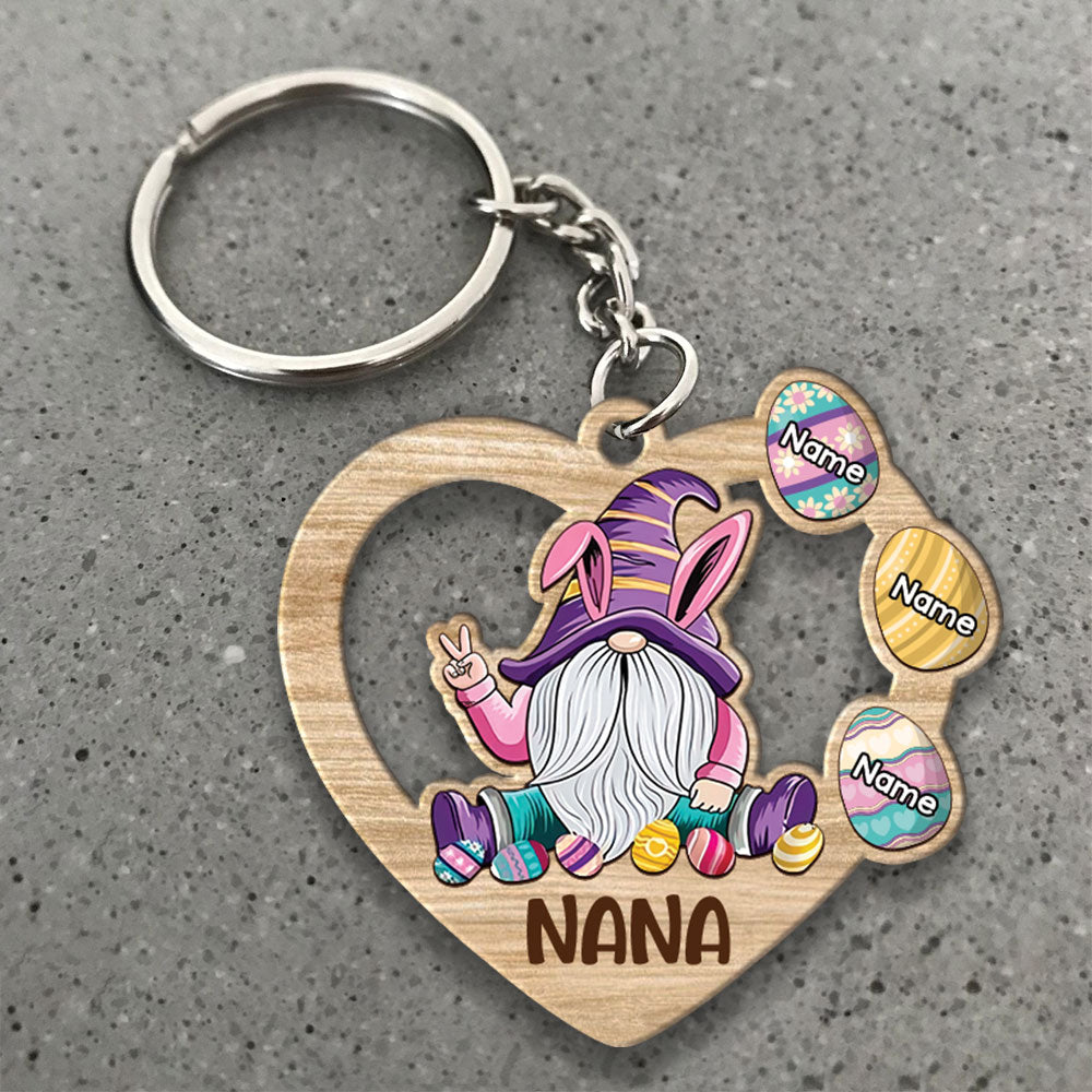 Grandma Gnomes Easter Eggs Personalized Flat Wood Keychain For Grandma, 2 Sides Are The Same
